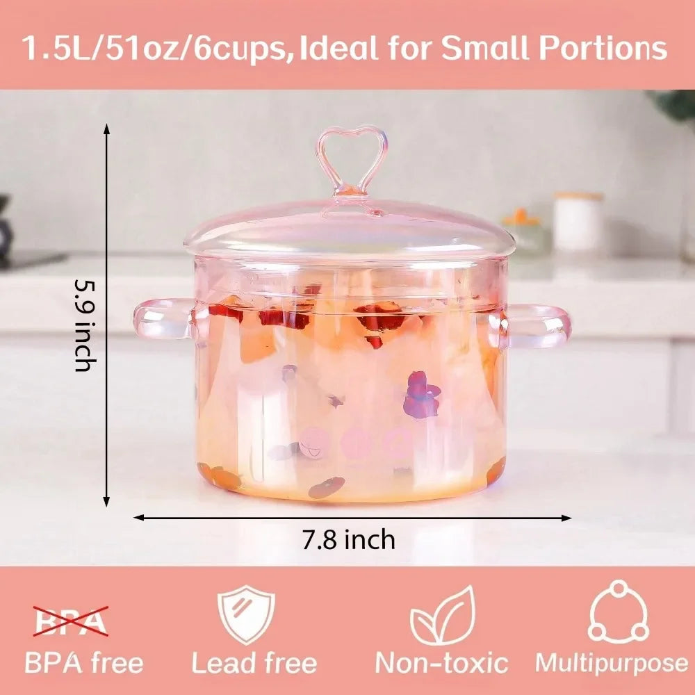 Aesthetic Pink Glass Saucepan Borosilicate Resistant Binaural Soup Stovetop Stew Pot Pasta Noodle Stockpot Cookware Kitchen Tool