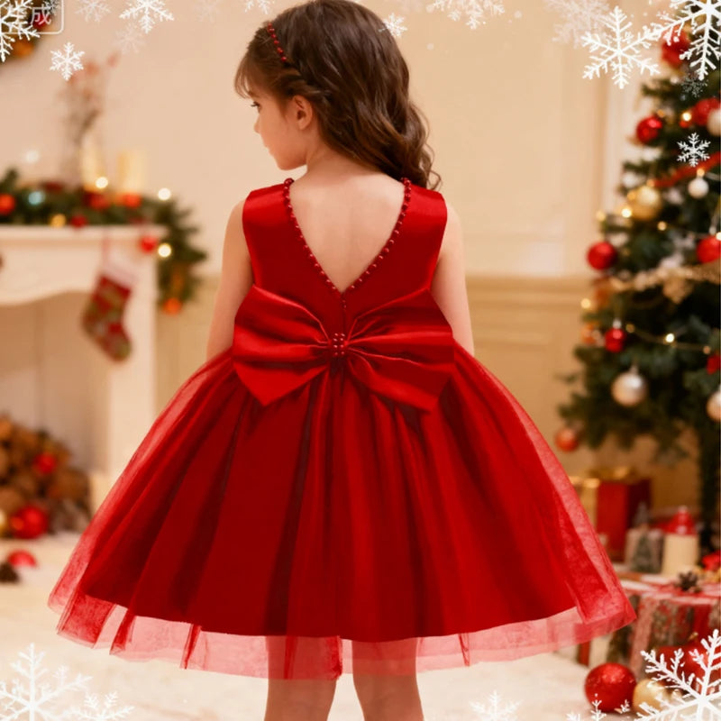New Year Gift Kids Bowknot Flower Elegant Baptism Princess Dress Pageant Birthday Party Wedding Gown Baby Girl Christmas Dress