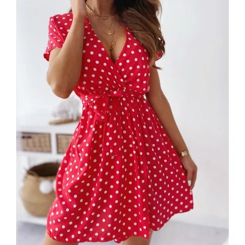 Summer New Sexy V-neck Polka Dot Print Short Sleeve Waist-cinching Dress Sweet Bohemian Style H-shaped Single Piece Dress