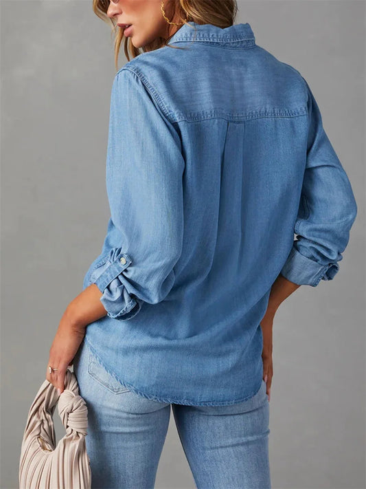 Women Denim Shirts Solid Color Turn Down Collar Long Sleeve Jean Blouses Spring Loose Casual Tops Streetwear
