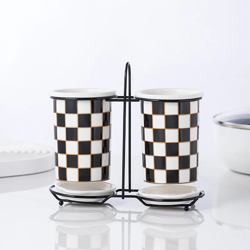 Checkerboard Ceramic Chopsticks Holder Drain Rack Chopsticks Basket Chopsticks Box Cutlery Box Storage Rack Wall-mounted Shelf