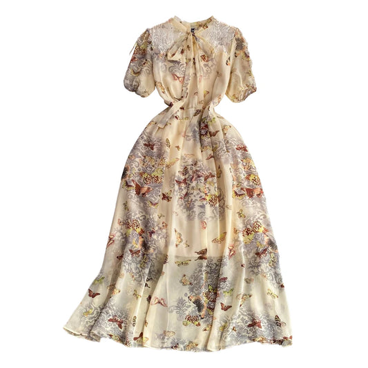 Retro  Knot Bubble Sve ort Dr Slimming A-Line Floral Chiffon Dr Ele Long Skirt High Waist Korean Sle