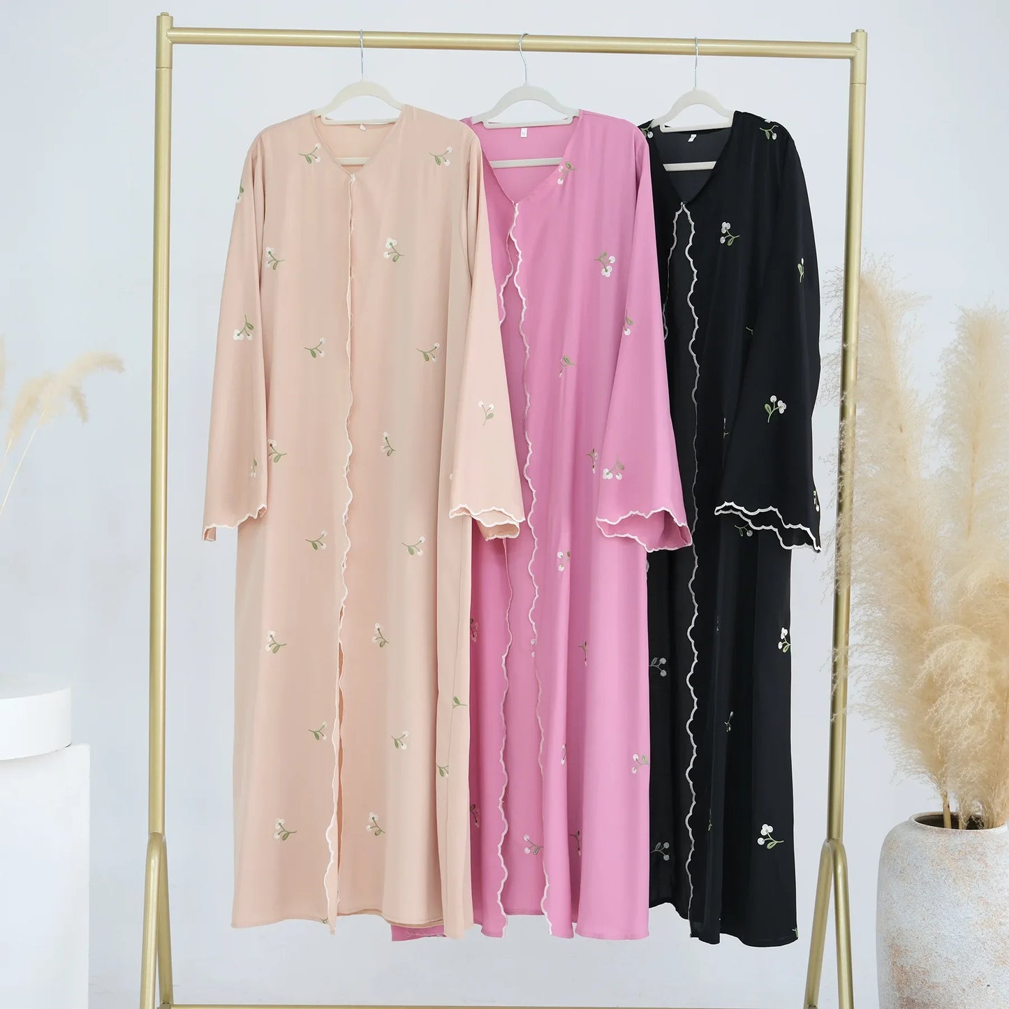 Long Sleeved Open Wavy Abaya For Women Embroidery Flower Kimono Cardigan Dubai Muslim Loose Burqa Islamic Dress Robe Kaftan