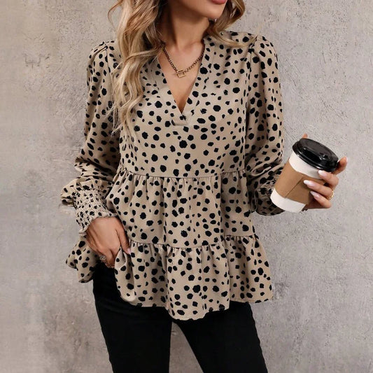 Plus Size Women's Shirt, V-Neck Long Sleeves, Geometric Polka Dot Print, Layered Design Top, Suitable for Work and Casual Wear