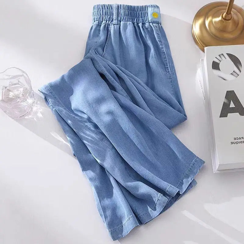 Women's Ice Silk Denim Pants Yoga Sports Thin Loose Style Summer Casual Wide Leg Harajuku Loose Waist