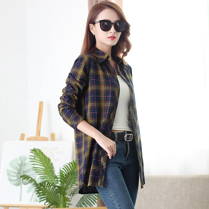 2025Autumn New Arrival Ladies Long Tops Flannel Plaid Shirt Women Long Sleeve Casual Cotton Shirt Elegant Female Check Clothes