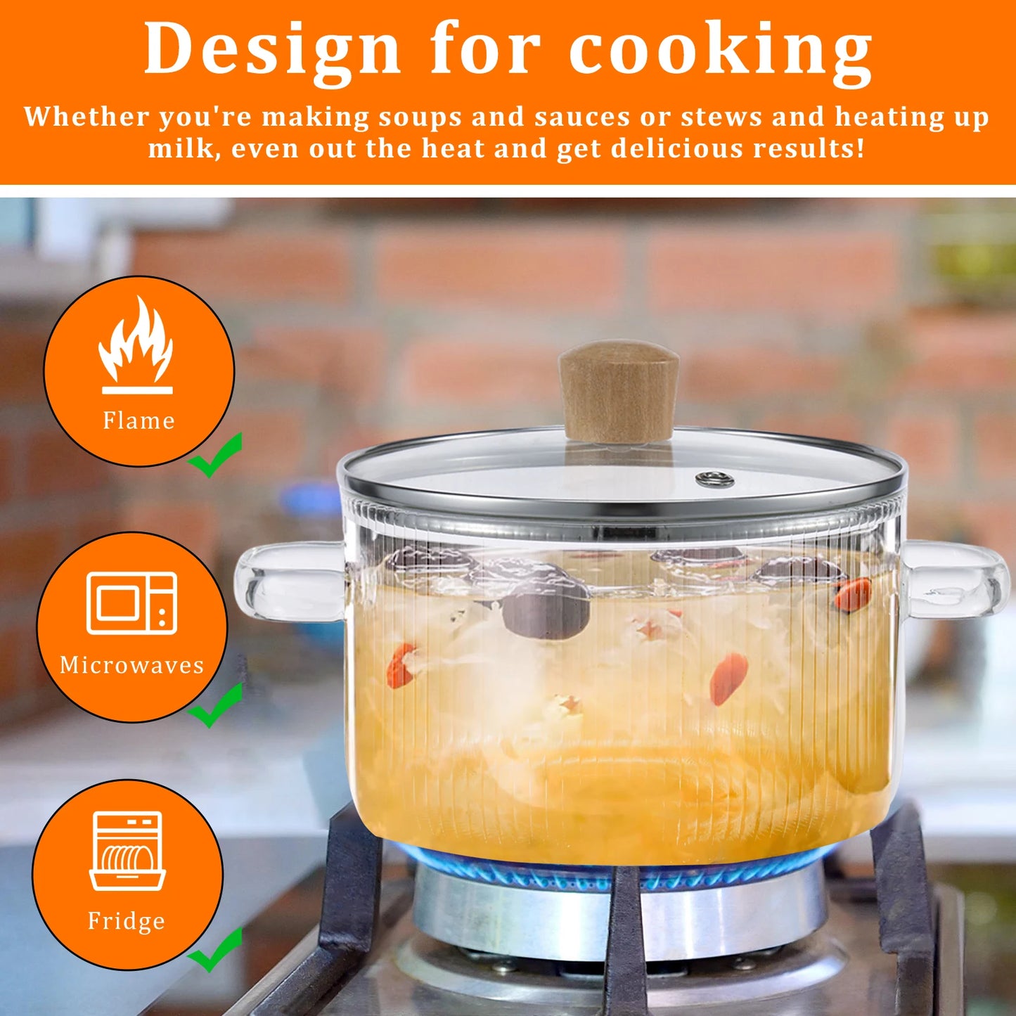 Covered Glass Cooking Pot Stovetop Pot 1.6L Heat Resistant Glass Soup Pot with Lid Handles Glass Saucepan Kitchen Cooking Tools