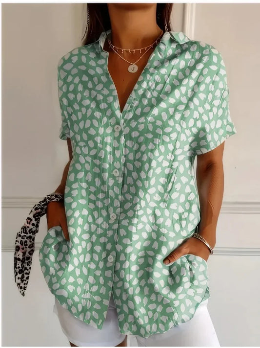 Plus Size 2025 Summer Women's Floral Shirt Ladies Casual Lapel Simple Short Sleeve Blouse Elegant Loose Fashion Tops Office Wear