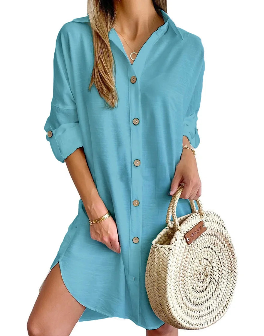 Women's Long Sve Collar Button up irt Dr High Waist Skirt Sle Casual Faion Polyester Fabric Iron Free Summer Dr