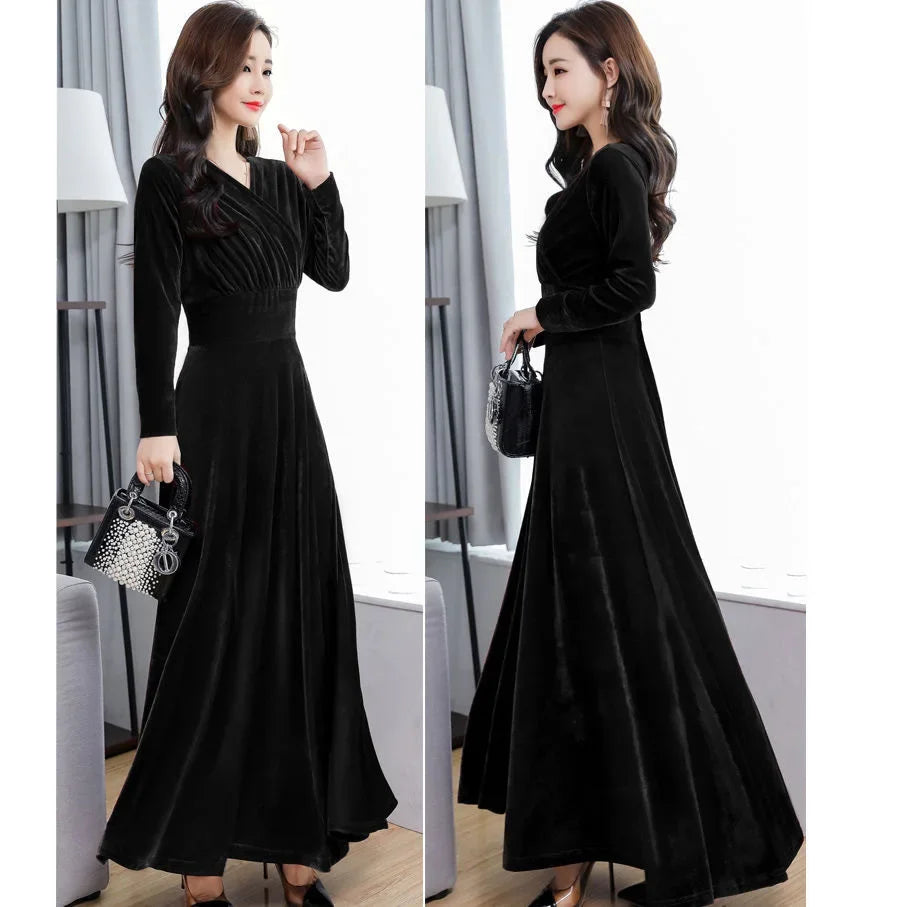 Elegant Long Sleeve Velvet Dress Women's Autumn Fashion Slim Fit Floor Length round Neck Low Waist Line New Arrival 2025