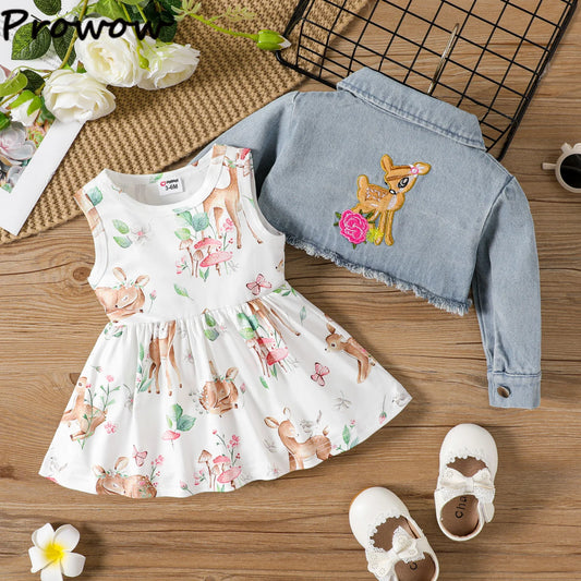 Prowow Fall Winter Baby Girl Denim Outfit Set Turn-down Collar Jeans Jacket+Deer Printed Dress Newborn Baby Birth Clothing