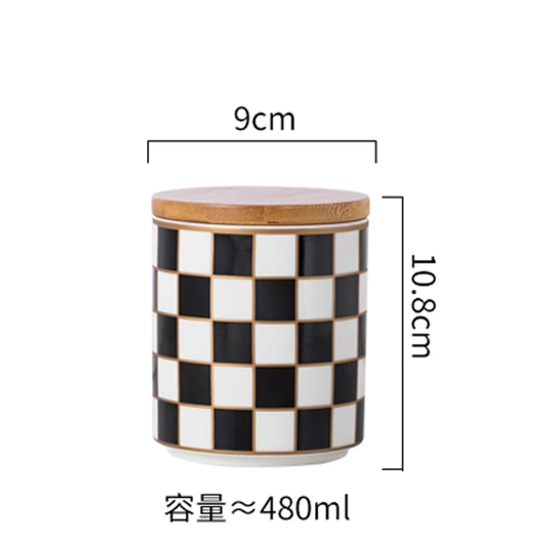 Black and White Lattice Storage Tank Checkerboard Sealed Tank Kitchen Storage Food Grade Ceramic Tank Box Tea Storage Tank