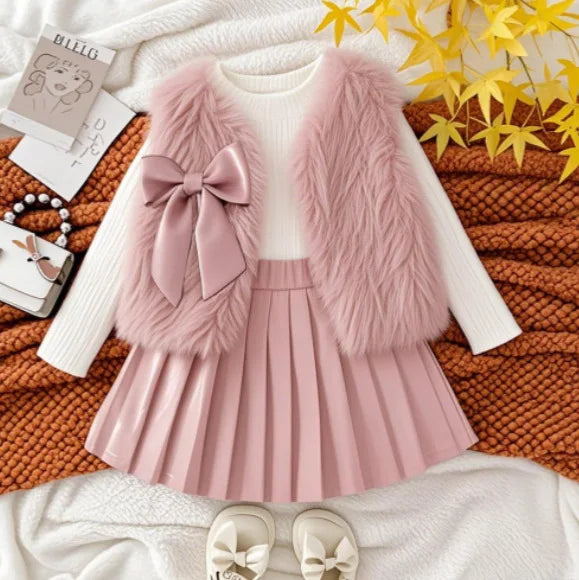 Autumn Winter Girl Clothes Set Baby Toddler Girl Suits Fur Vest Long Sleeve Shirt Base Layer and Faux Leather Skirt Pleated Chic