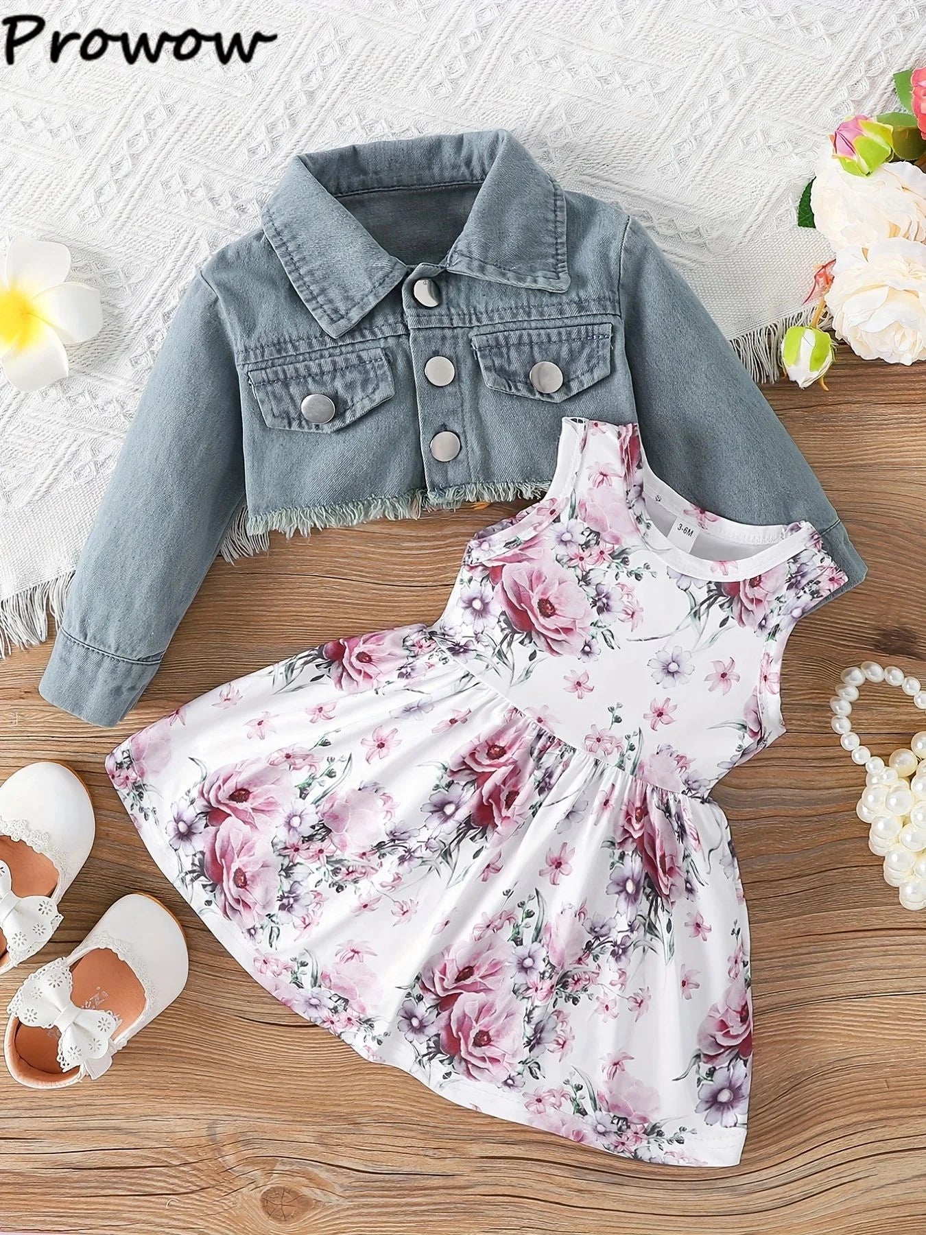 Prowow Fall Winter Baby Girl Denim Outfit Set Turn-down Collar Jeans Jacket+Deer Printed Dress Newborn Baby Birth Clothing