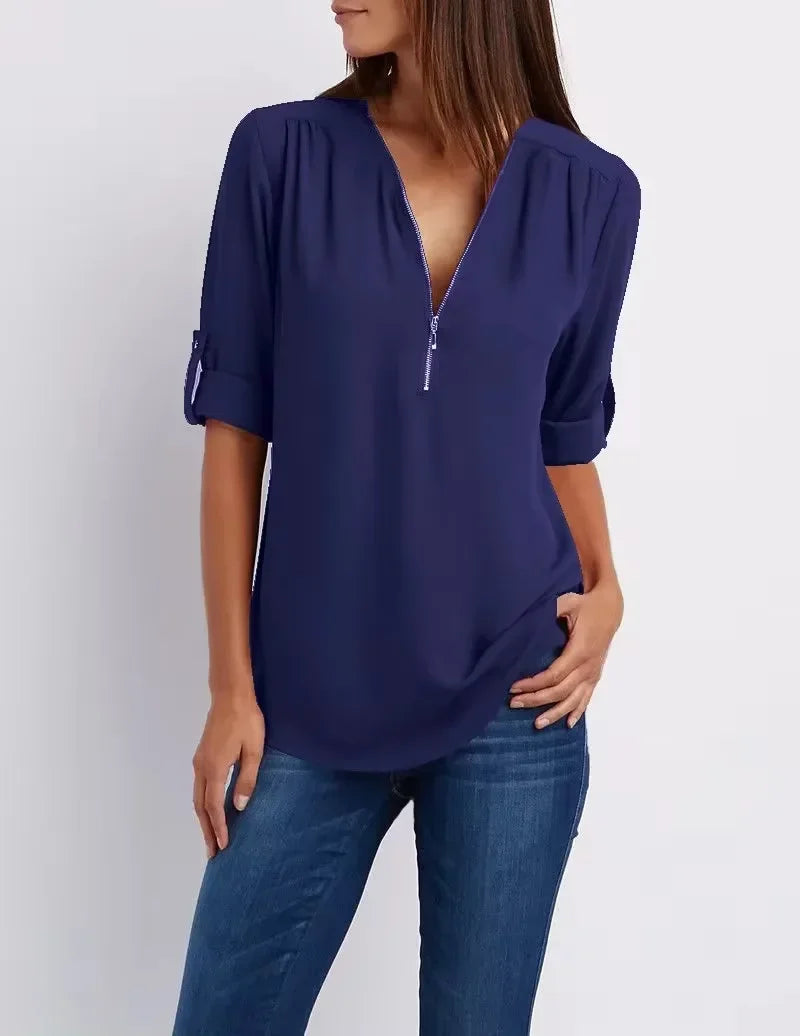 2025 Hot Sale Women Cool Loose Shirt Deep V Neck Chiffon Fashion Blouse Casual Ladies Tops Sexy Zipper Pullover Plus Size