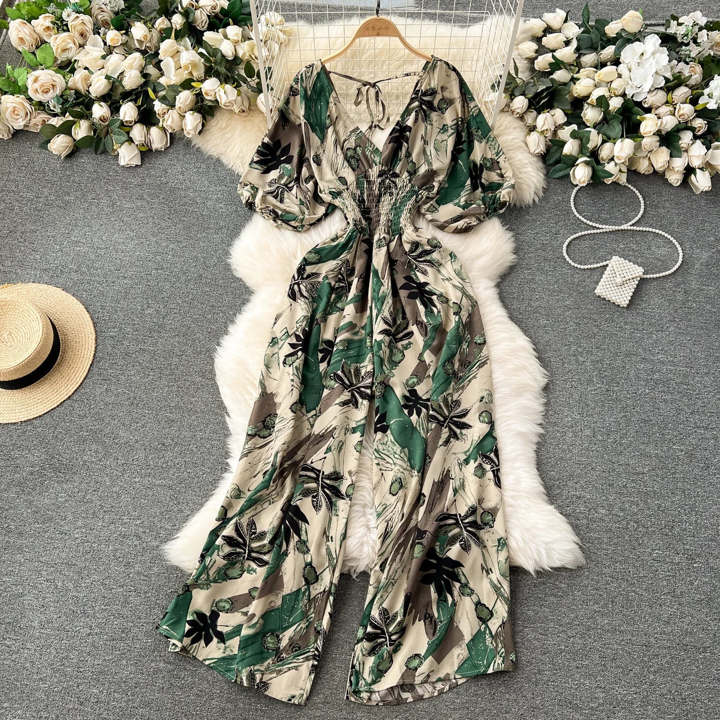 V Neck Sexy Dolman Sleeves Waist Slim Polka Dot Print Jumpsuit Women Wide Leg Trousers Jumpsuit