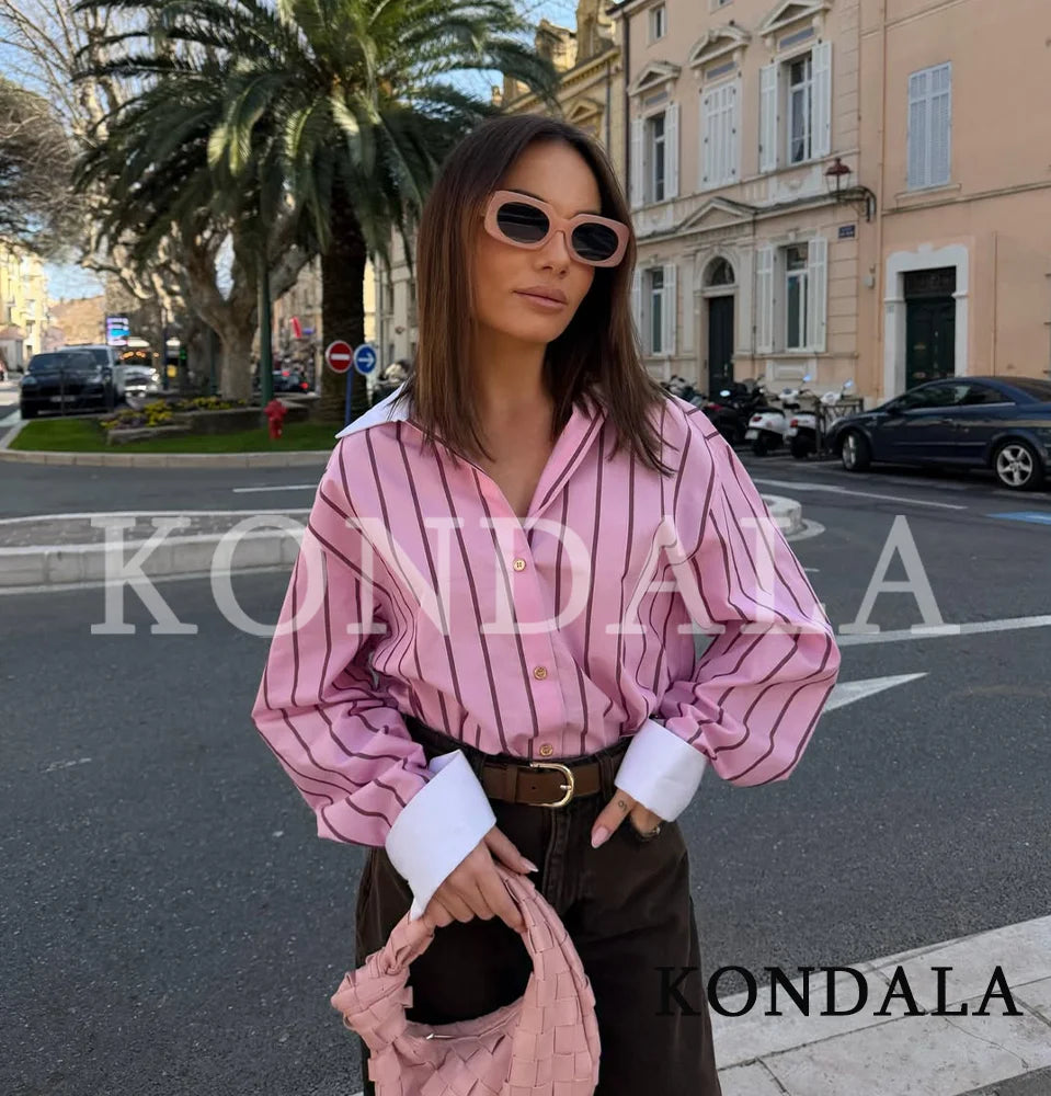 KONDALA Casual Stripes Pink Shirts Women's Trendy Vacation Buttons Lapel Shirts New 2026 Spring Summer Fashion High Street Shirt