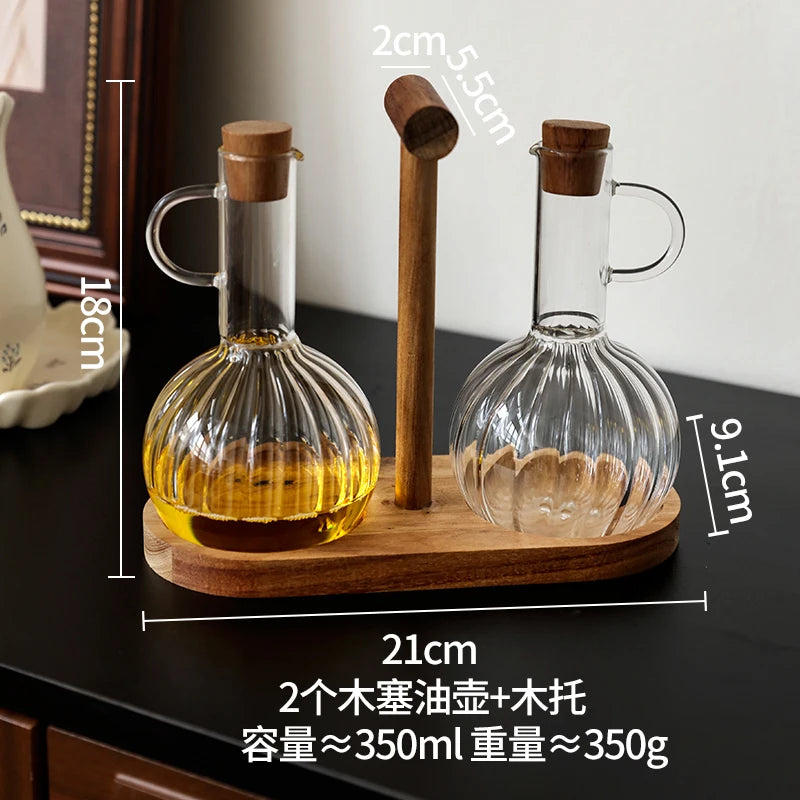 Glass Oil Pan Kitchen Household Wooden Lidseasoning Bottle Storage Rack High-temperatureresistant Storagetanksoysauce Bottle Set