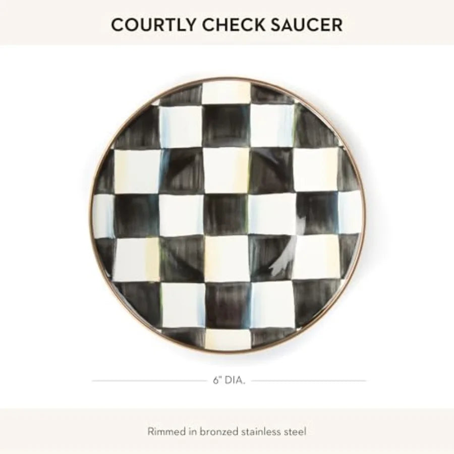 Enamel Saucer Small Enamel Plate for Teacups Black-and-White Courtly Check