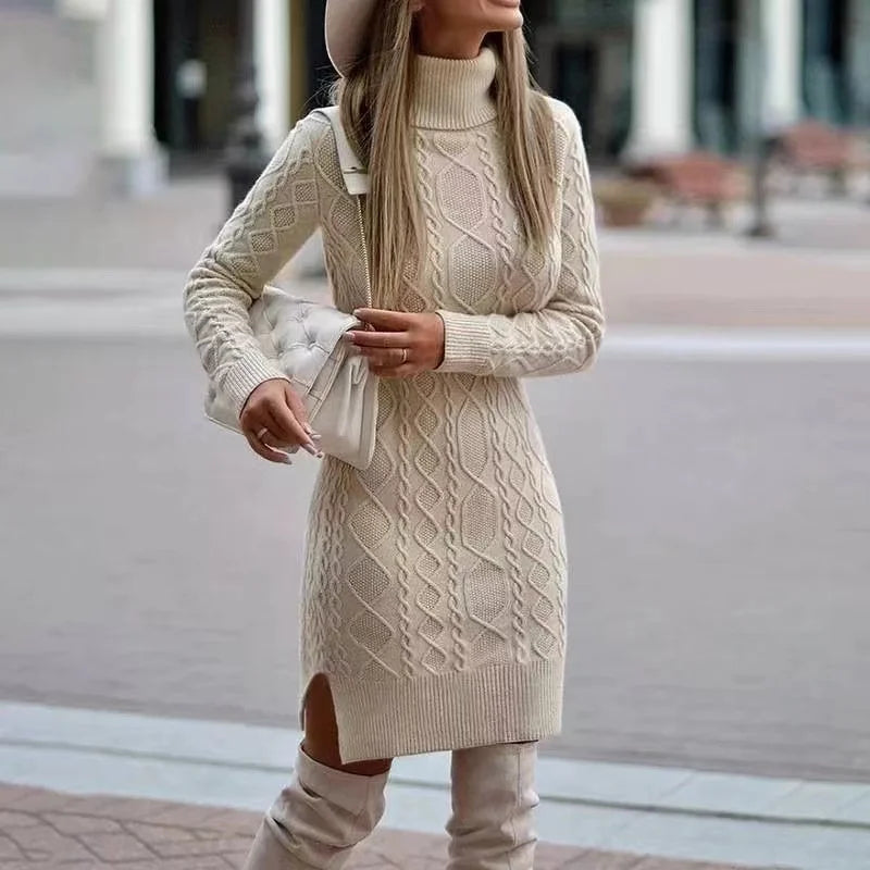 2026Autumn Winter New Women's Knitted Wrap Hip Skirt High Neck Warm and Thickened Elegant Knitted Sweater Long Sleeve Dress