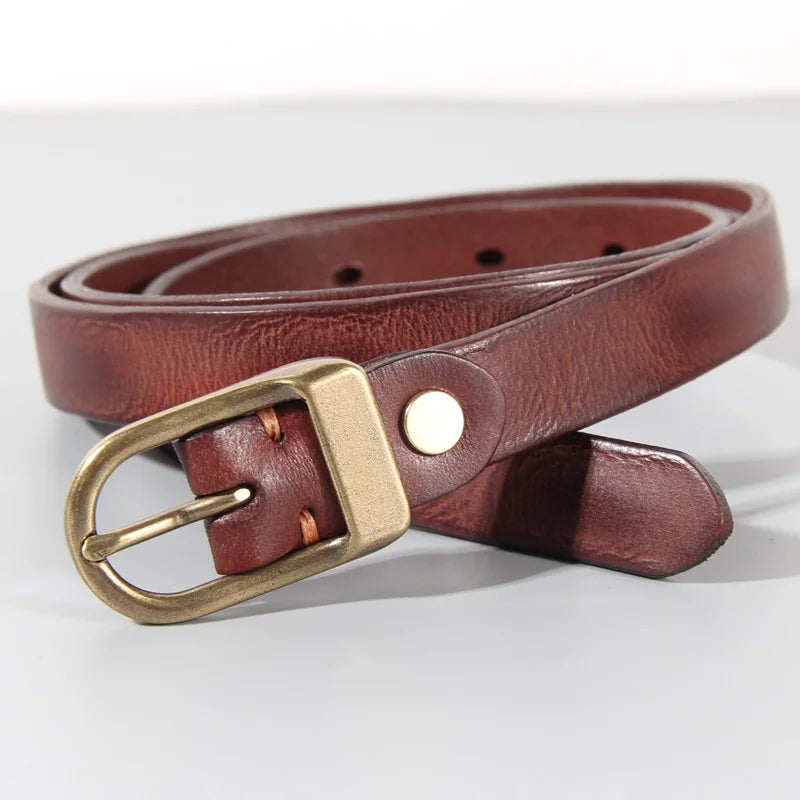 Retro Narrow Cowhide Women's Belt Pure Copper Button Top Cowhide All-match Casual Jeans Belt High Quality Luxury Women Belt