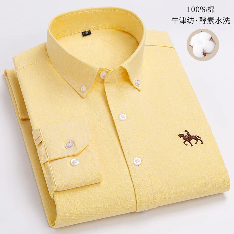 S~6XL Cotton Oxford Shirt For Mens Long Sleeve Plaid Striped Casual Shirts Male Pocket Regular-Fit Button-Down Work Man Shirt