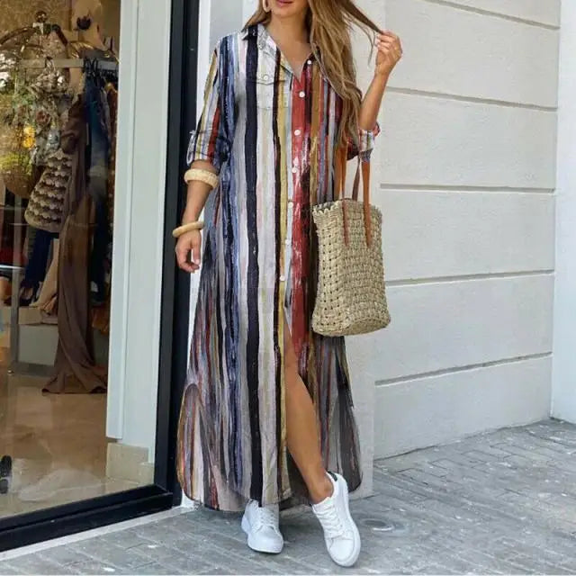 New Autumn Long Dress Long Sleeve Shirt Dress Women Denim Long Dresses Pocket Button Shirt Print Dress Casual Loose Dresses 2023