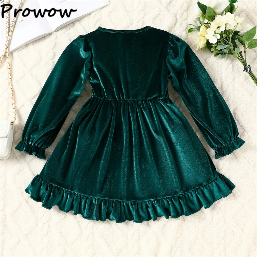 Baby Green Dresses For Girls Flared Sleeve Lace Velvet Dress With Belt 2pcs 2026 New Year Toddler Baby Eevening Party Dress