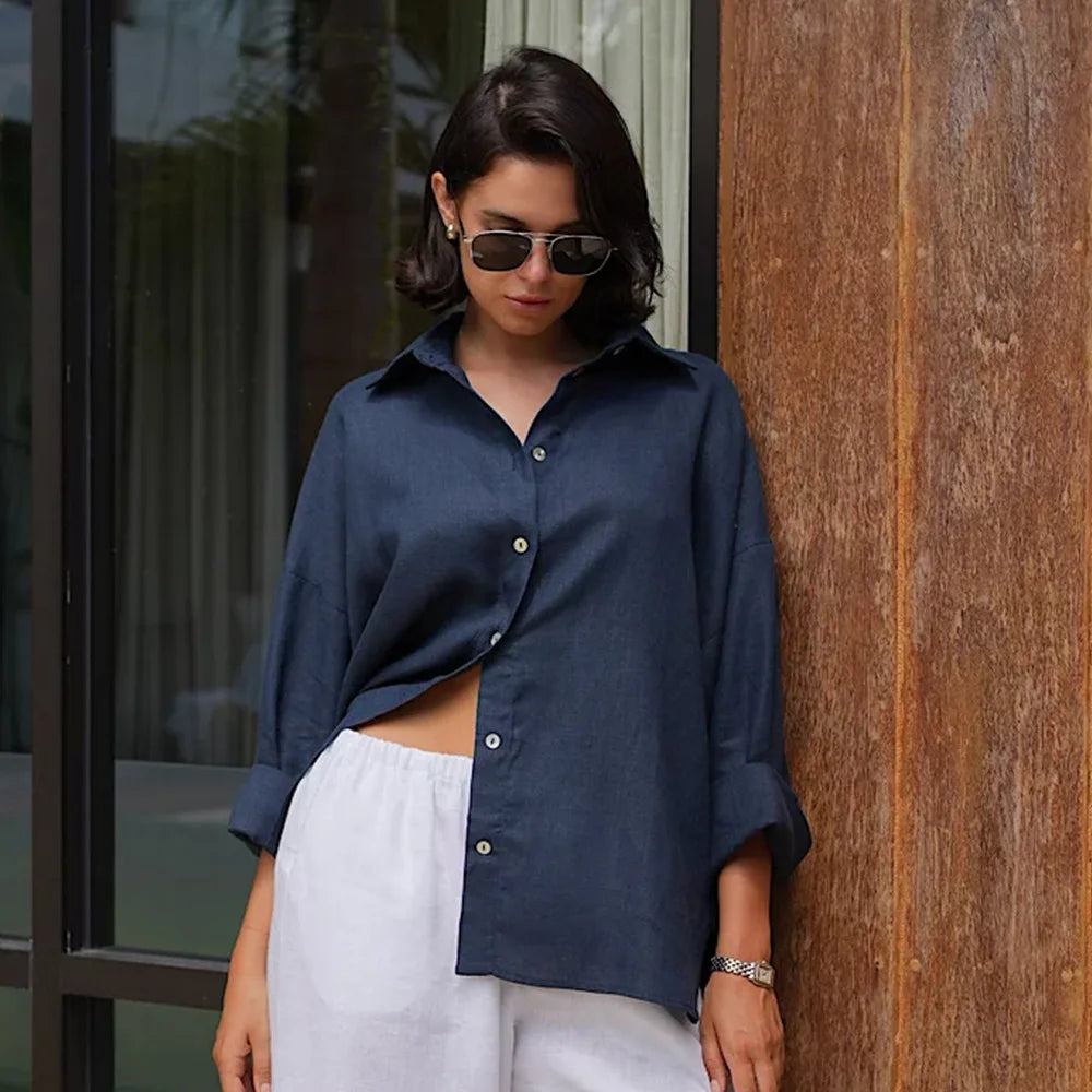 Cotton Spring Summer Versatile Lazy Casual Shirt Women's Fashionable Solid Color Loose Shirt Cardigan Shirt