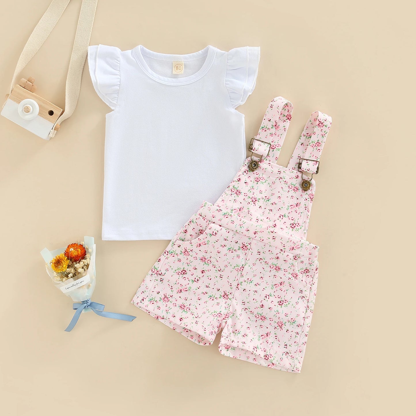 Little Infant Kid Girl 2PCS Pants Set Fly Sleeve Plain O-Neck T-Shirt, Floral Patterns Copper Buttons Suspender Short Pants 1-5T