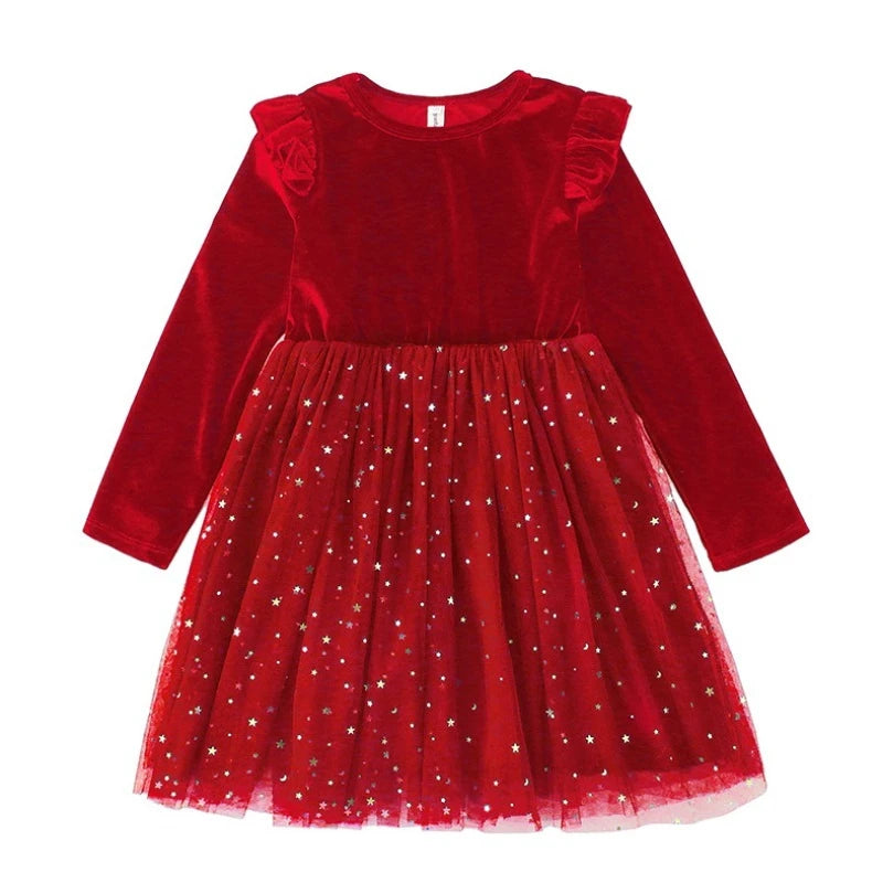 2025 Ruffle Style Long-sleeved Stars Mesh Spliced Dress Princess Christmas Party Performance Clothes Children's Winter Clothing