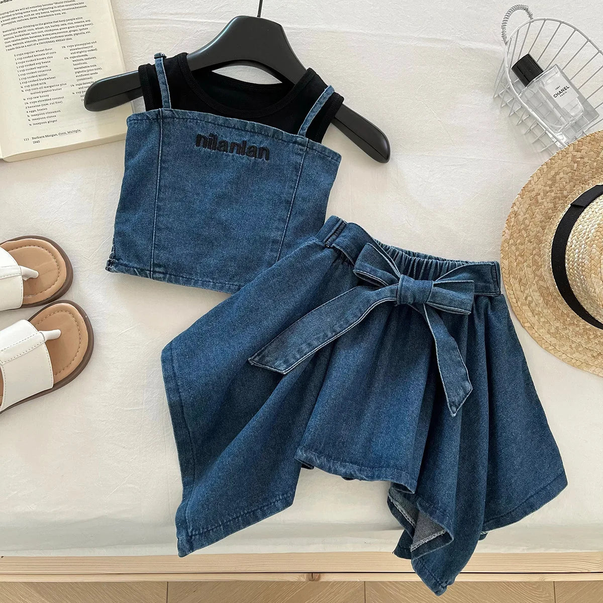 Girls' Clothing Set 2025 Summer New Sleeveless Denim Vest Top, Children's Denim Short Skirt Summer Three Piece Set
