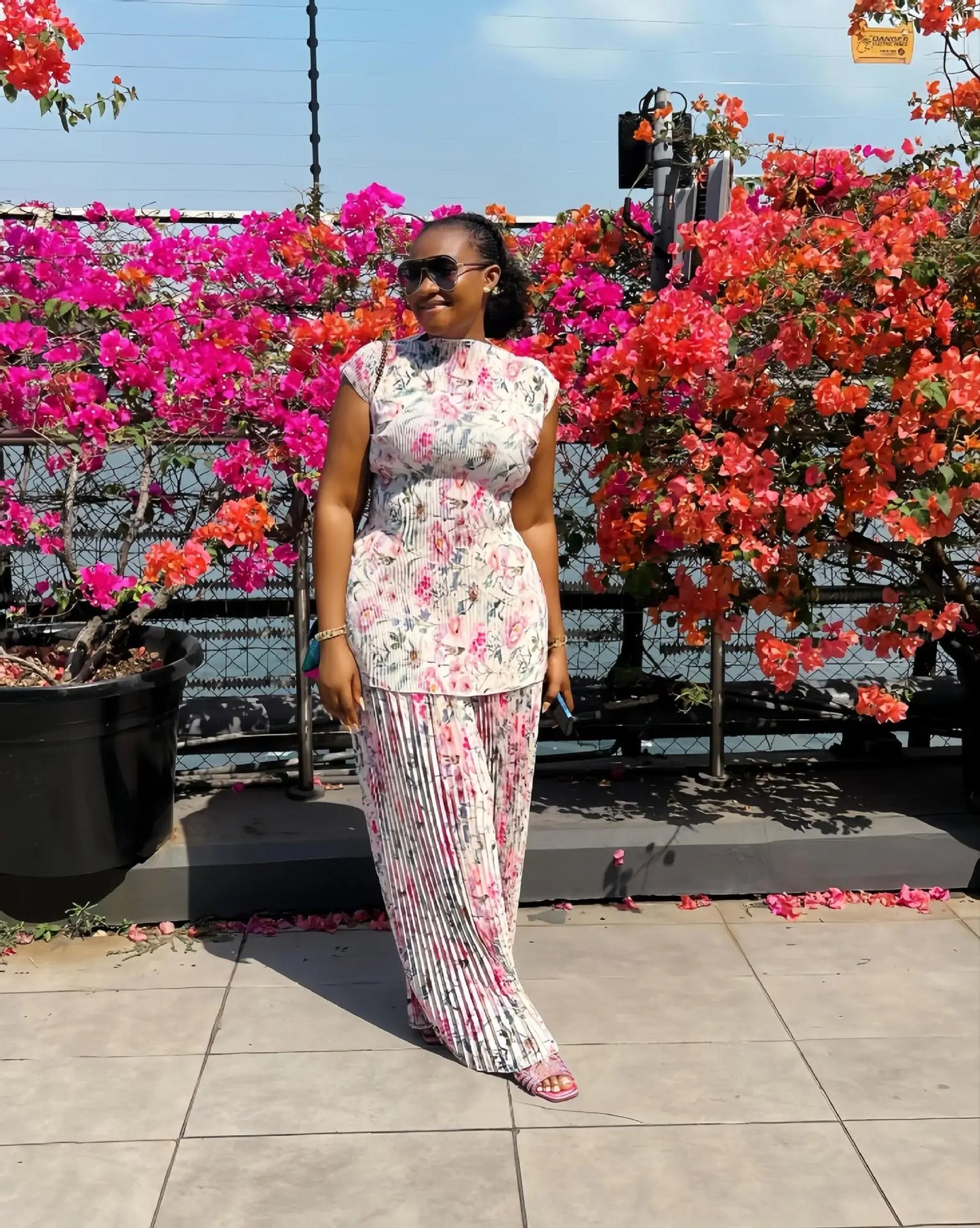 Women Set Floral Print Short Sleeve Pleated T-Shirt + Wide Leg Pants 2025 Street Sexy Two 2Piece Sets Outfits Tracksuit