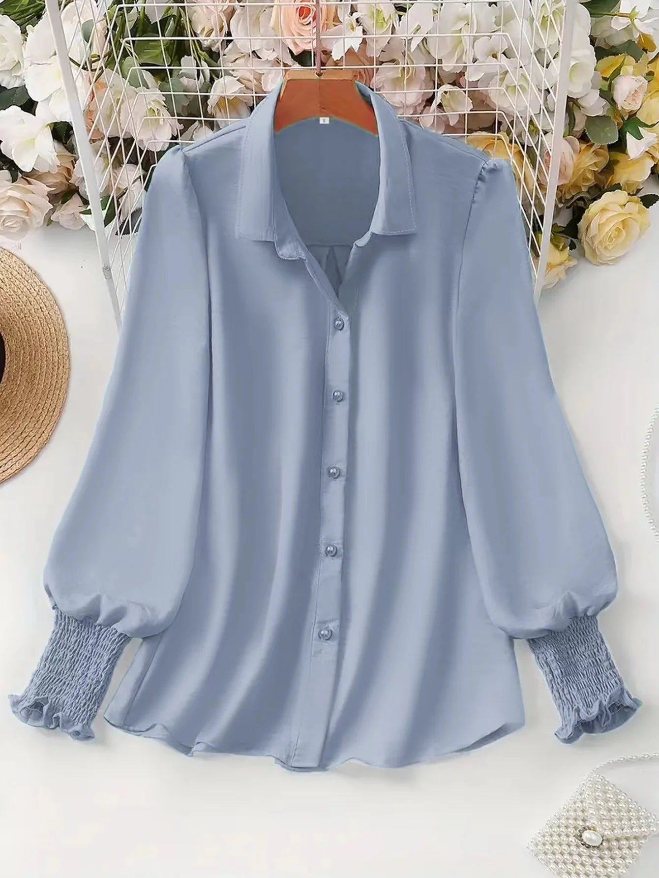 Plus Size 2025 Spring and Summer New Women's Casual Puff Sleeve Blouse Solid