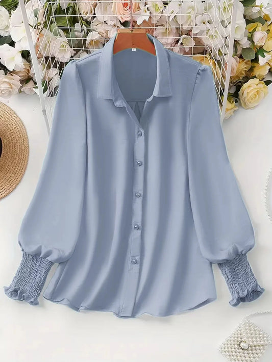 Plus Size 2025 Spring and Summer New Women's Casual Puff Sleeve Blouse Solid