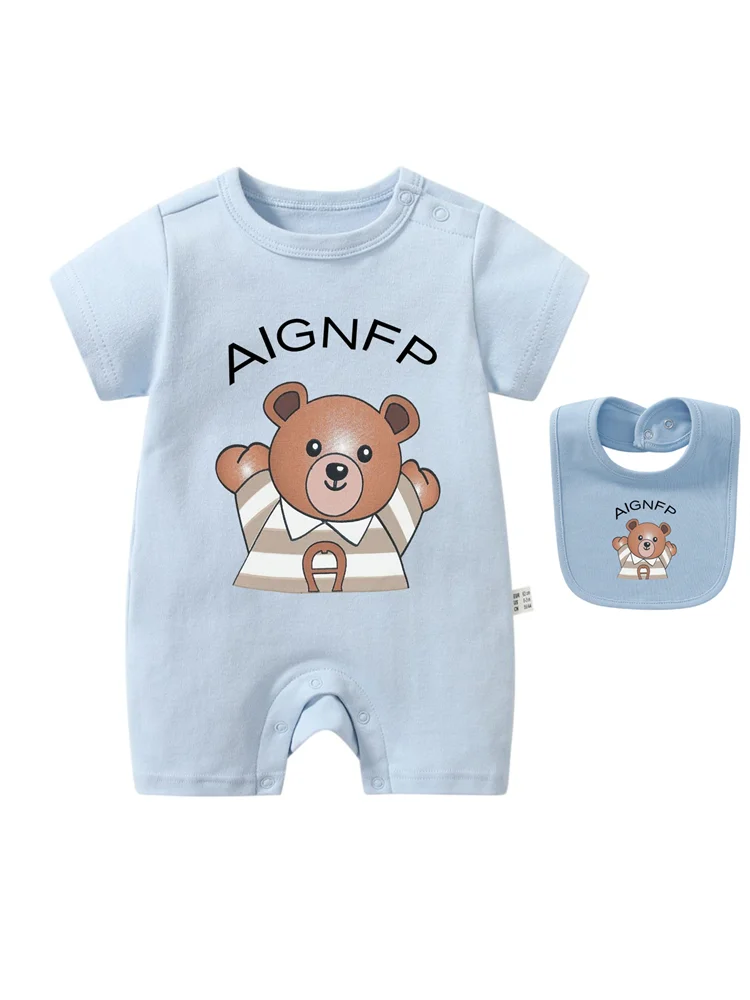 Cute Bear Romper Newborns Clothes 2025 Summer Hot Sale New Toddler Boys Jumpsuit %100 Cotton Soft Bib scarf 2Pcs Set Baby Romper