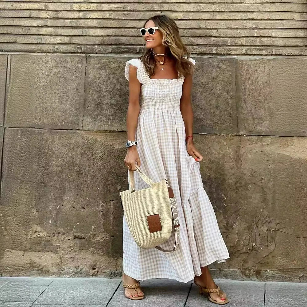 2026 Summer European and American Women’s Retro Plaid Sleeveless Ruched Dress with Thin Straps and Ruffle Long Dress