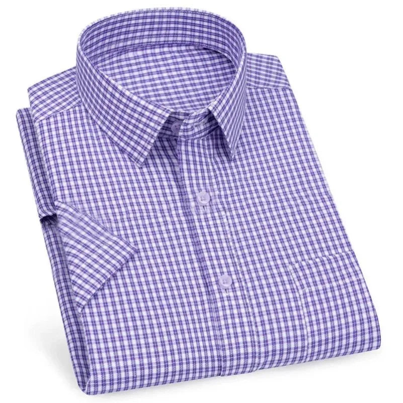 Men's Premium Striped Plaid Short Sleeve Shirts Summer Business Casual Branded Workwear Purple Blue 6XL Plus Large Size KOACUS