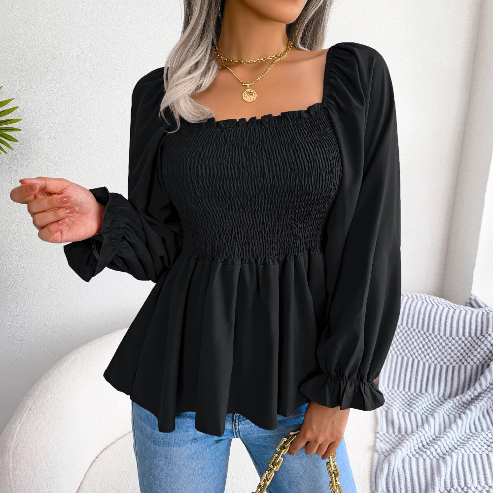 Women Chiffon Blouse 2026 Casual Solid Color Long Sleeve Ruffles Peplum Top White Red Green Blue Black Woman Clothes