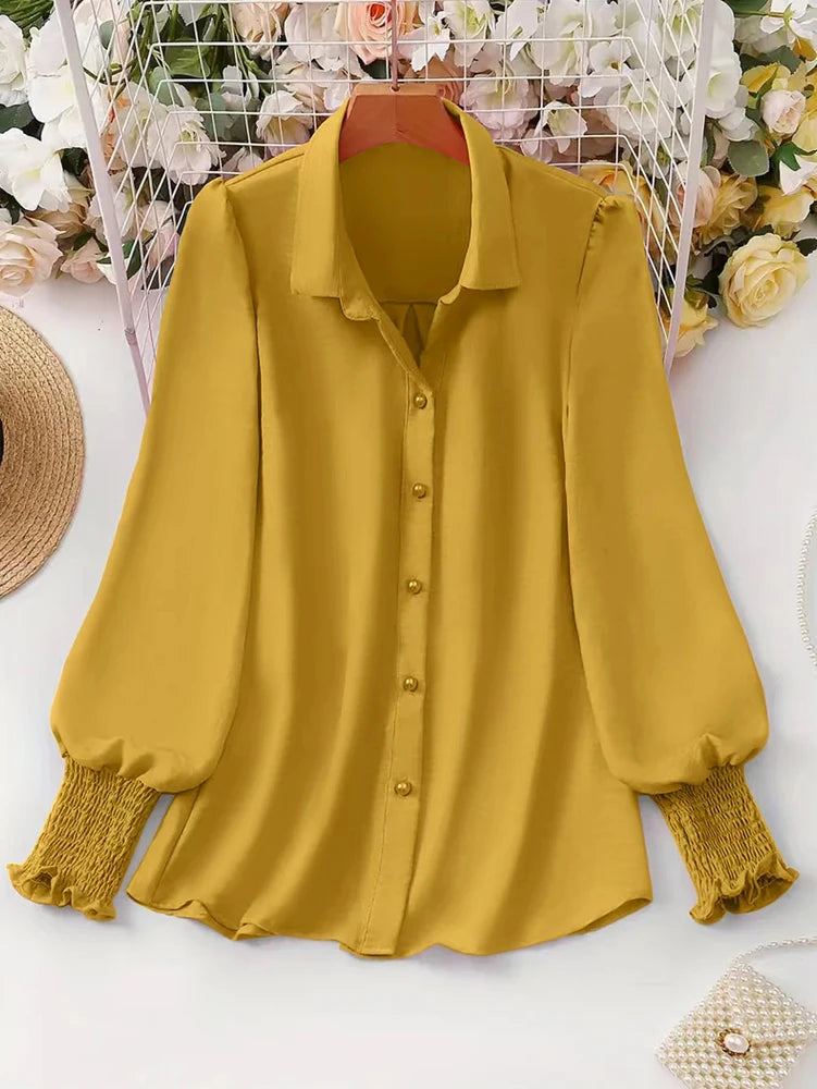 Plus Size 2025 Spring and Summer New Women's Casual Puff Sleeve Blouse Solid