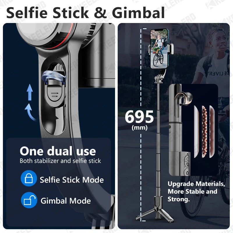Gimbal Stabilizer Selfie Stick Tripod with Fill Light Bluetooth Wireless Extendable for Samsung IPhone Cellphone Smartphone