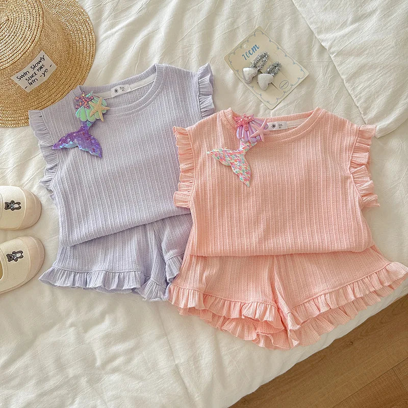 Girls 2-Piece Set Sleeveless T-shirt + Shorts 6 Colors Summer Pajamas Korean Style New Breathable Pure Cotton Home Wear 18M-8Y
