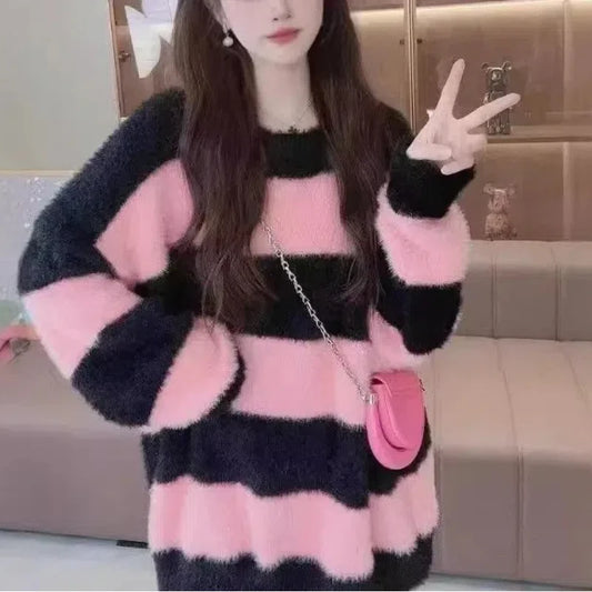 Korean Striped Pullover Sweater Women 2024 Autumn Winter New Loose Spliced O-Neck Knitted Long Sleeved Minimalist Casual Tops