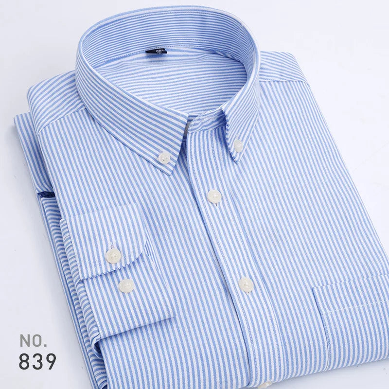 Mens Striped Plaid Oxford Spinning Casual Long Sleeve Shirt Comfortable Breathable Collar Button Design Slim Male Business Dress