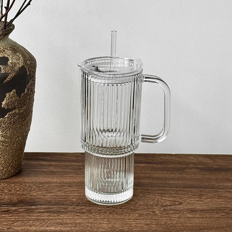 600ML Stripe Glass Coffee Cup With Handle And Lid Cover Straw Transparent Drinking Glasses For Juice Iced Coffee Mugs Drinkware