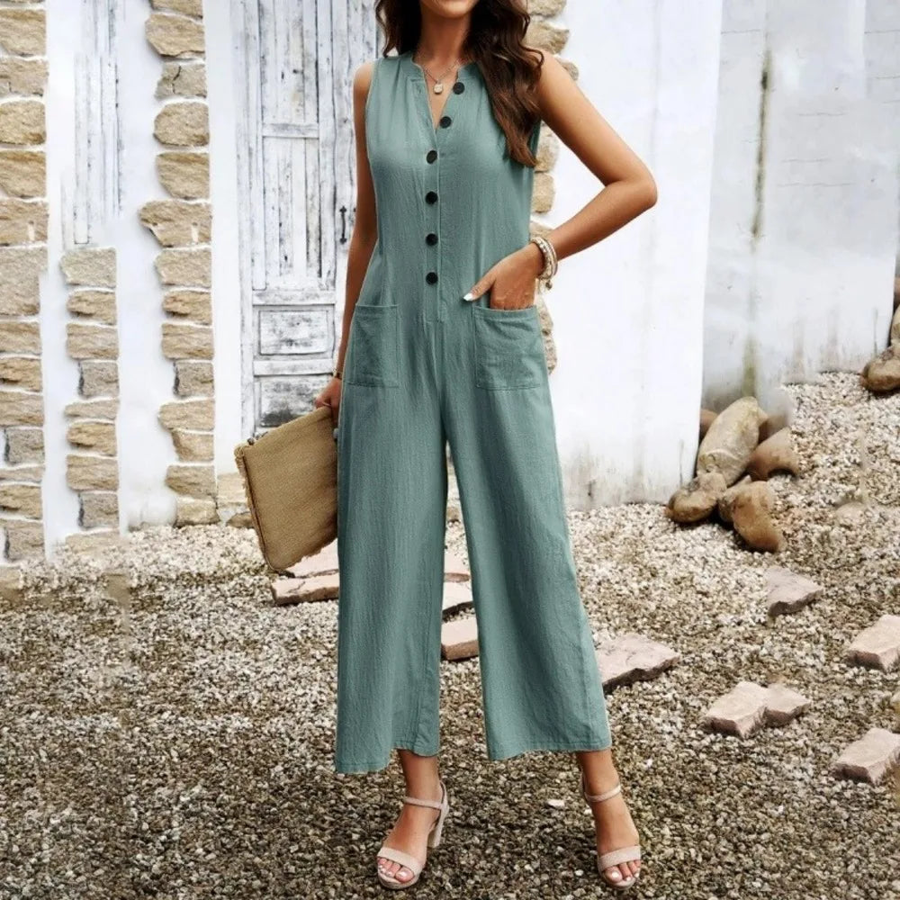 2025 One Pieces Jumpsuit Woman Deep V-Neck Pockets no Sleeves Wide Leg Long Pant Rompers  Outfit for Women Resort to Office Wear