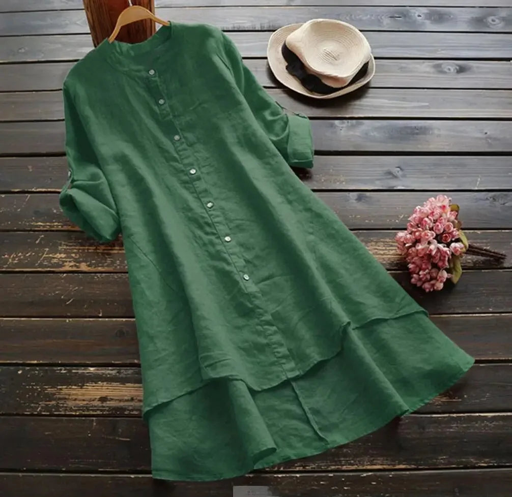 Fast Selling Spring SummerNew Women's Solid Color Button Cotton Linen Long Sleeve Long Length Shirt