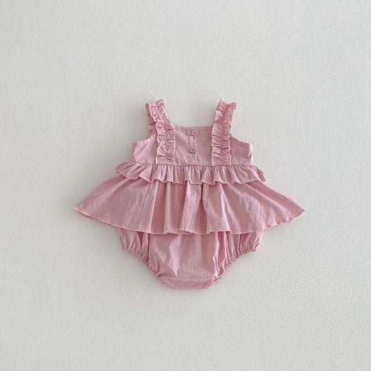 2026 Summer 0-2Y Baby Girl Clothes Mushroom Lace Shoulder Strap Girls Dress Bodysuit Korean Style Pure-color Toddler One-piece