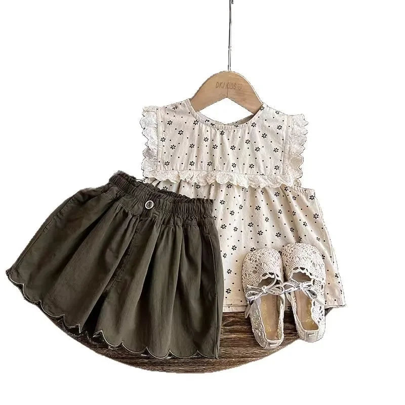 3-7Y Kids Girls Outfits Summer Floral Print Sleeveless Top and Ruffled Shorts Sets Lace Trim Soft Children Vocation Clothing
