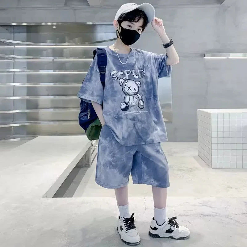 Boys Sports Suit Summer Cartoon Sets New Children's Short-Sleeved T-Shirt Shorts 2-Piece Kids Fashion Loose Clothes Outfit